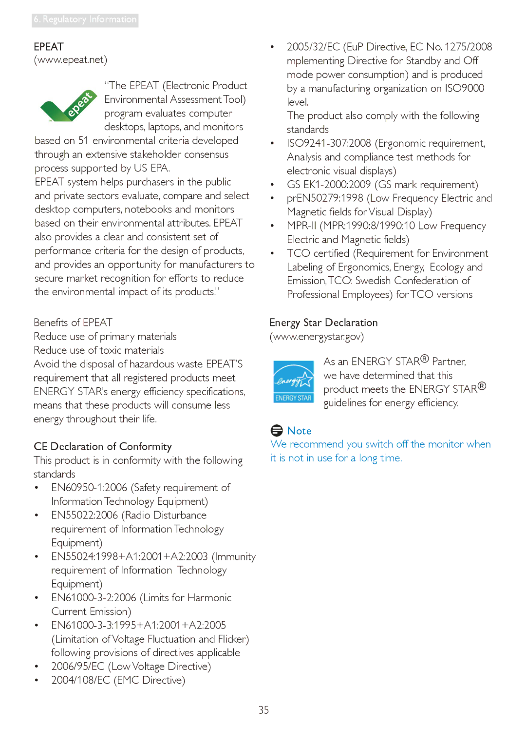 Philips 19S4LC Epeat Electronic Product, Benefits of Epeat, 2006/95/EC Low Voltage Directive 2004/108/EC EMC Directive 