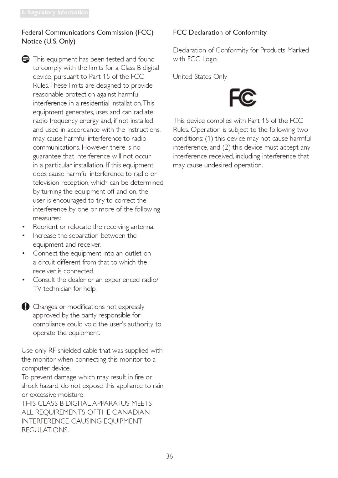 Philips 19S4LSB, 19S4LA Federal Communications Commission FCC Notice U.S. Only, Reorient or relocate the receiving antenna 