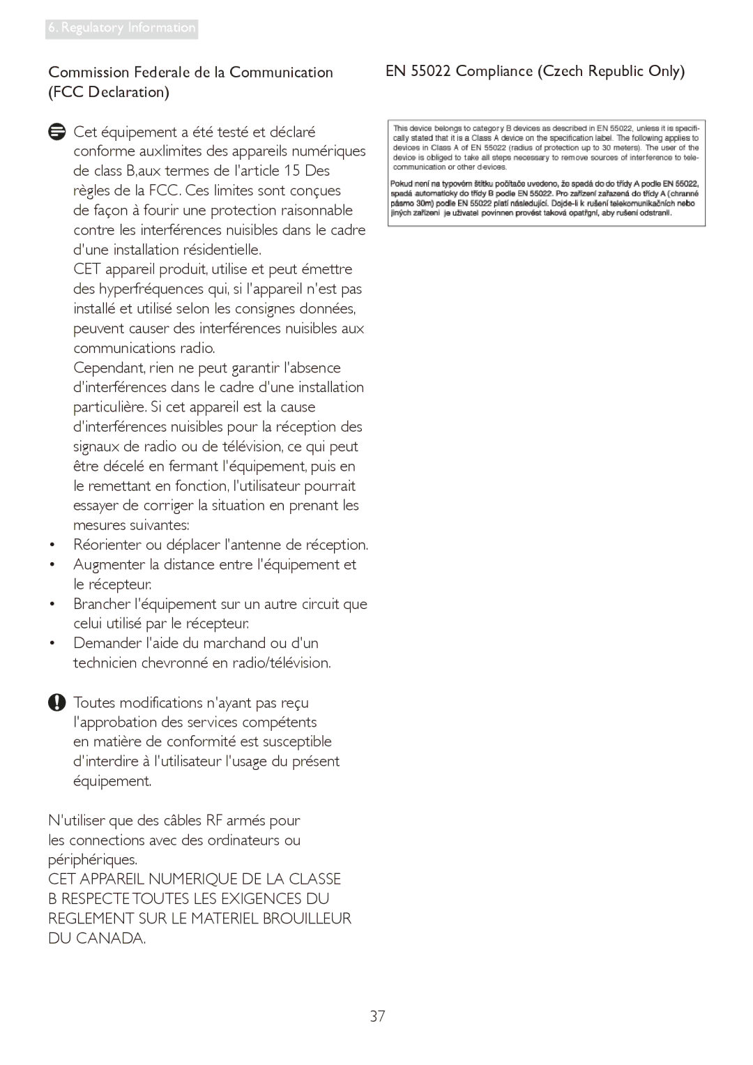 Philips 19S4LM, 19S4LA, 19S4LC, 19S4LSB user manual Commission Federale de la Communication, FCC Declaration 