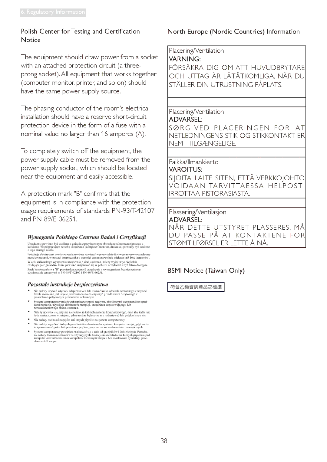 Philips 19S4LA, 19S4LC Polish Center for Testing and Certification Notice, Paikka/Ilmankierto, Plassering/Ventilasjon 