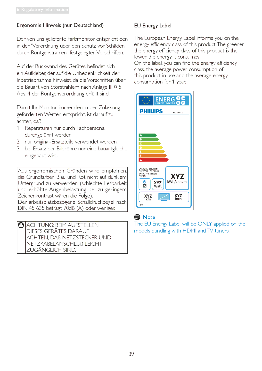 Philips 19S4LA, 19S4LC, 19S4LSB, 19S4LM user manual Ergonomie Hinweis nur Deutschland, Achtung Beim Aufstellen 