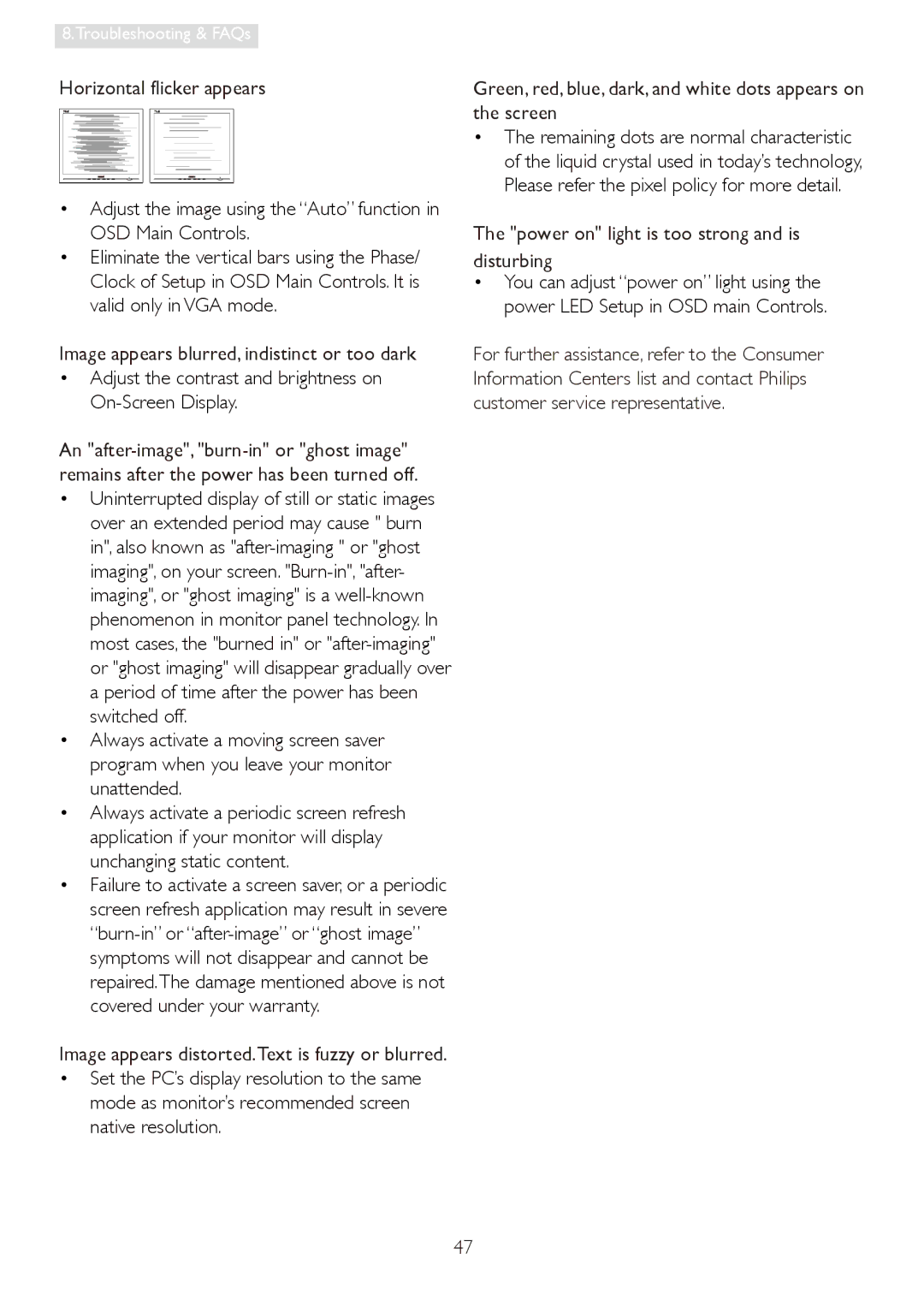 Philips 19S4LM, 19S4LA, 19S4LC, 19S4LSB user manual Horizontal flicker appears, Image appears blurred, indistinct or too dark 