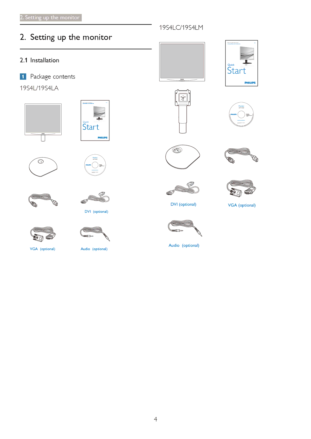 Philips 19S4LSB user manual Setting up the monitor, 19S4LC/19S4LM, Installation Package contents, 19S4L/19S4LA 