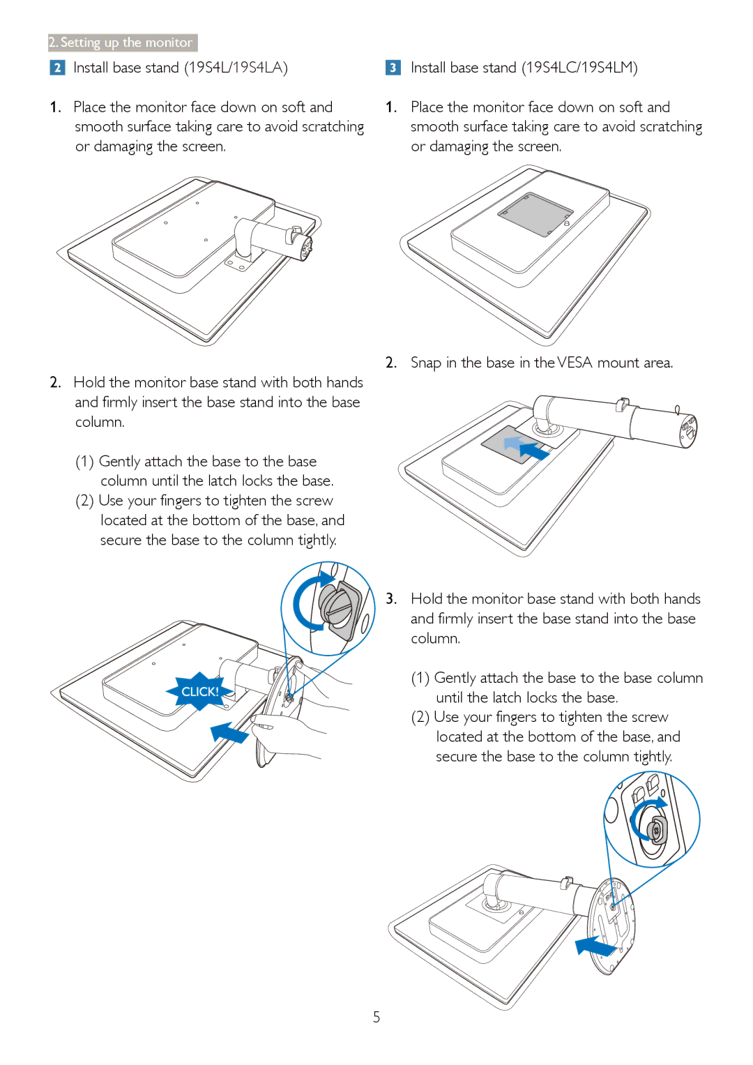 Philips 19S4LC, 19S4LSB, 19S4LM user manual Install base stand 19S4L/19S4LA 