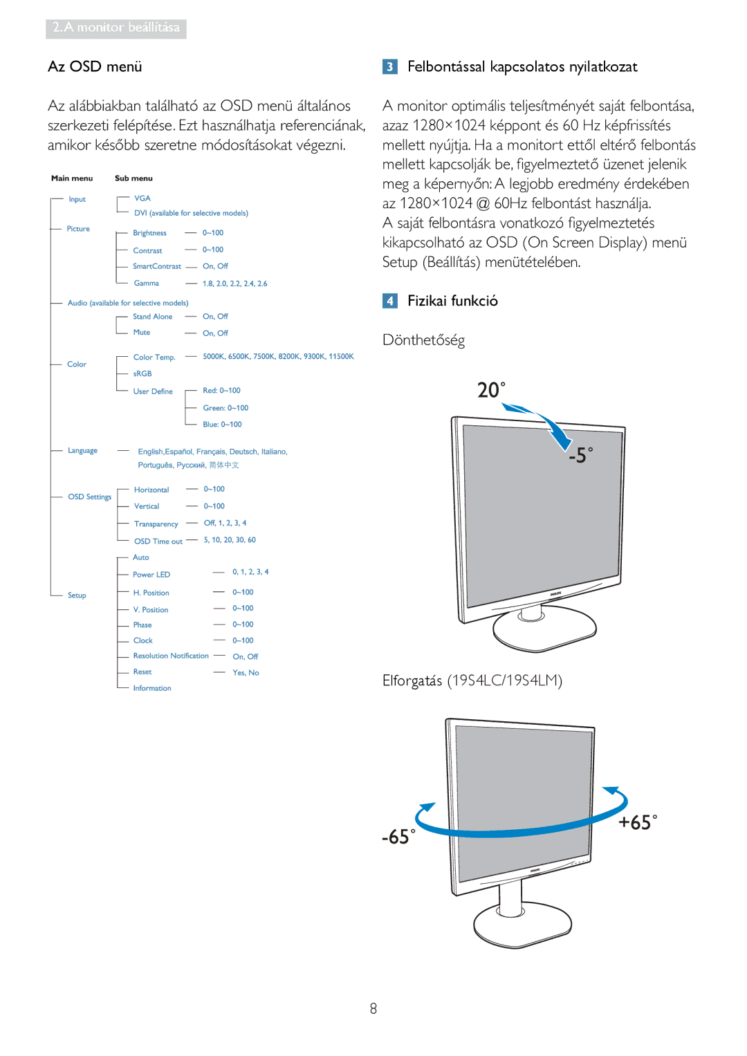 Philips 19S4LA manual $26PHQ, LLNDLIXQNFLy QWKHWŉVpJ Elforgatás 19S4LC/19S4LM 