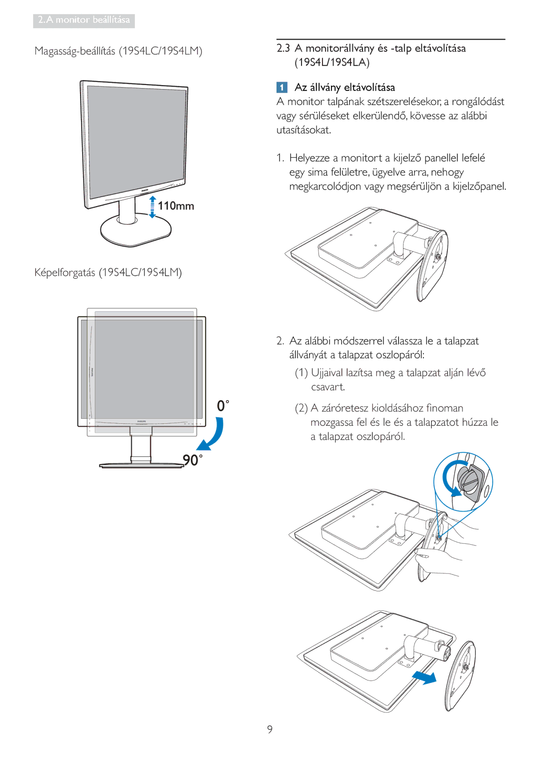 Philips 19S4LM, 19S4LA, 19S4LC manual Az állvány eltávolítása, Fvdyduw 