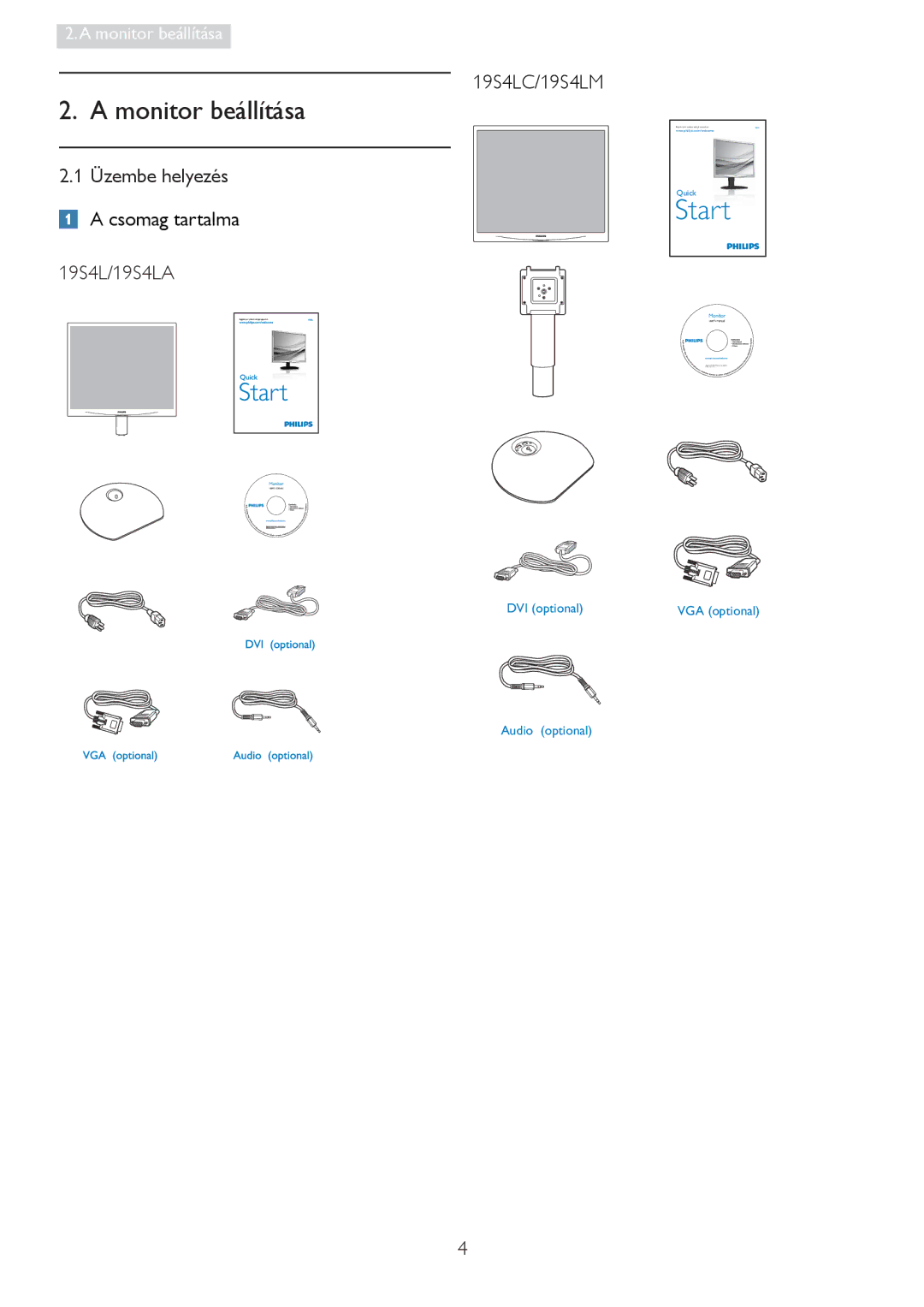 Philips manual 19S4LC/19S4LM, 19S4L/19S4LA, Üzembe helyezés a csomag tartalma 