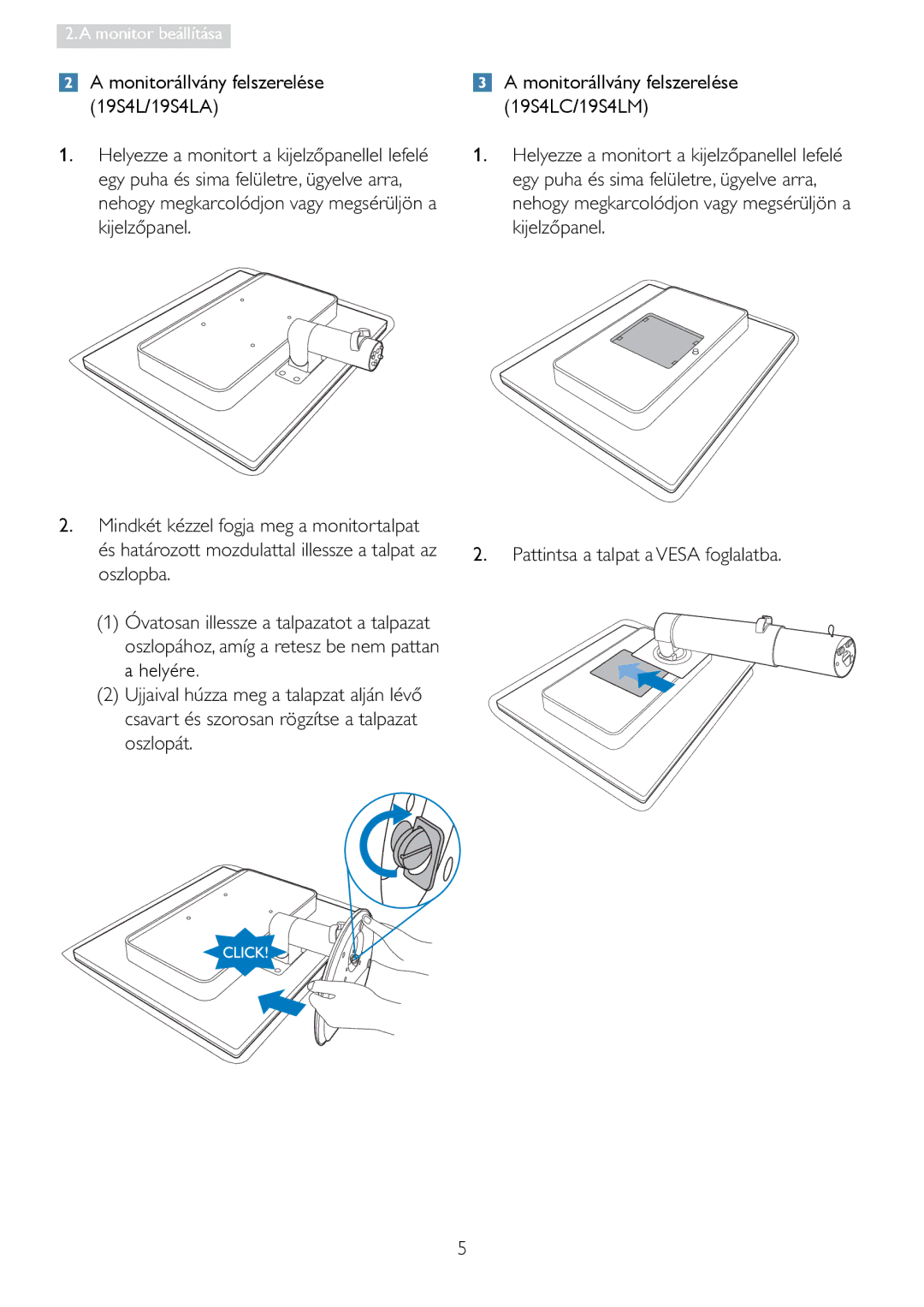 Philips manual Monitorállvány felszerelése, 19S4L/19S4LA 19S4LC/19S4LM 