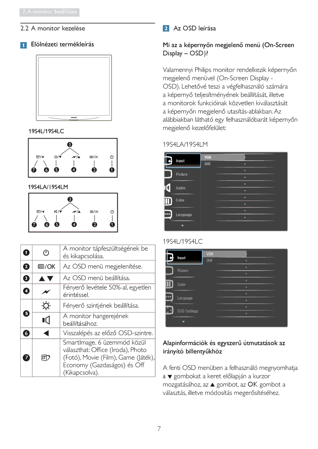 Philips manual Monitor kezelése, Az OSD leírása, 19S4LA/19S4LM, $26PHQEHiOOtWiVD, 19S4L/19S4LC 