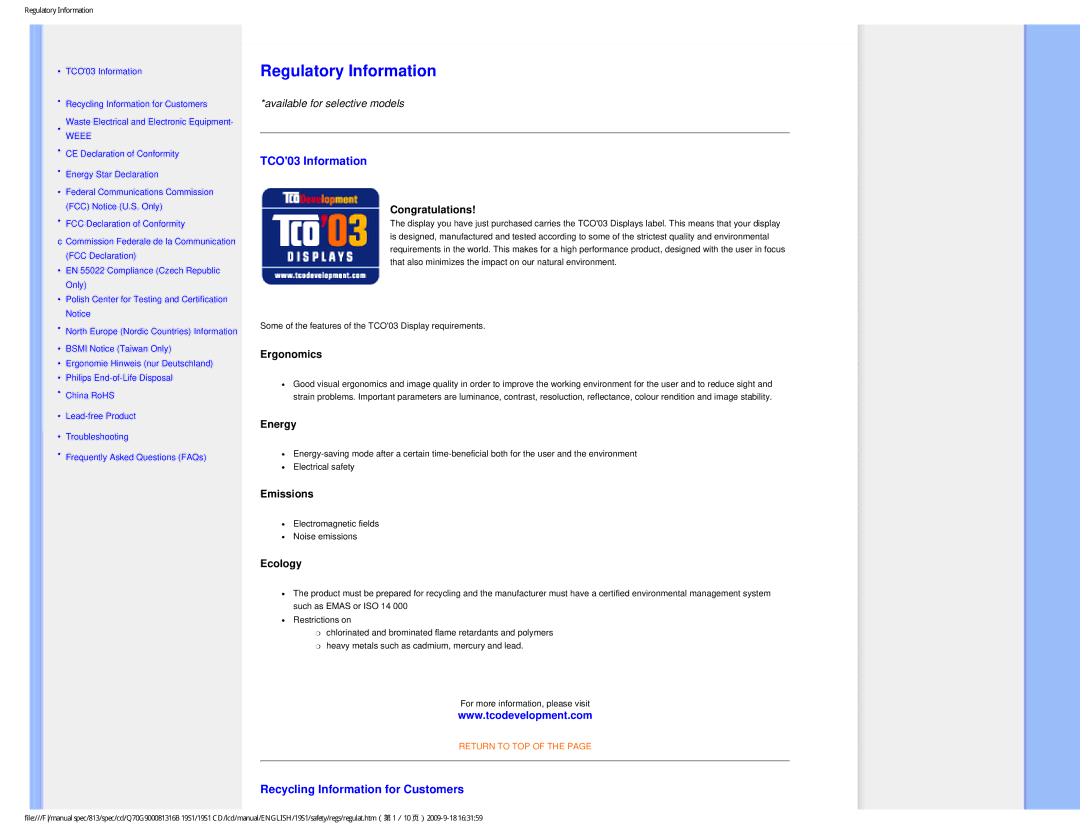 Philips 19SI user manual TCO03 Information, Recycling Information for Customers 