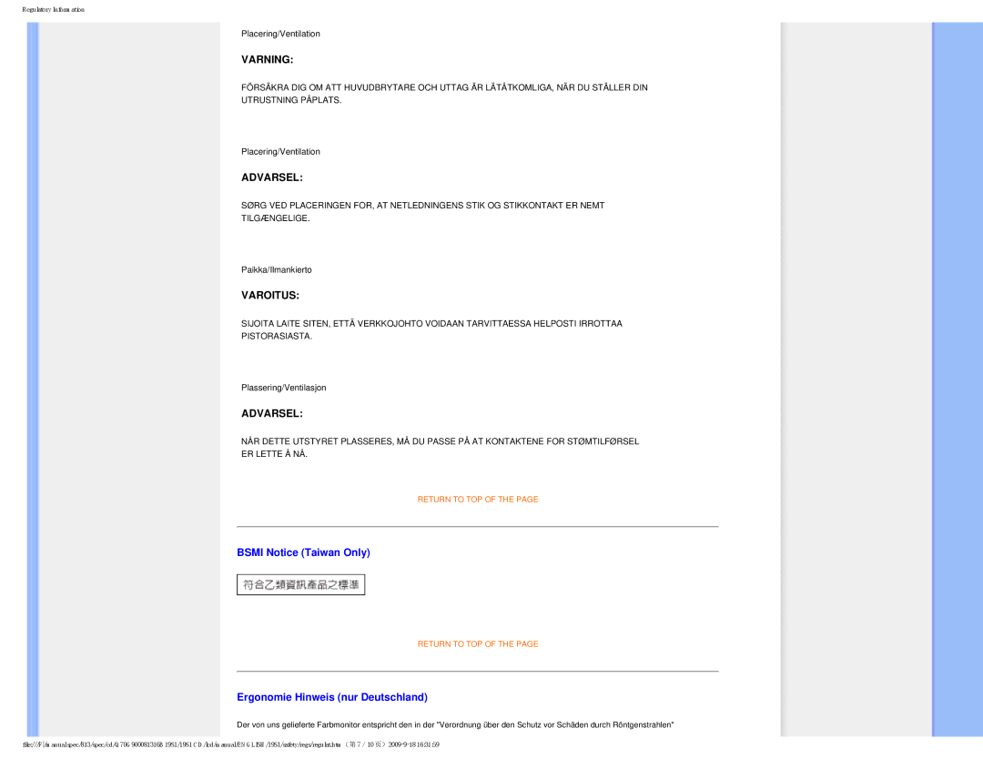 Philips 19SI user manual Bsmi Notice Taiwan Only, Ergonomie Hinweis nur Deutschland 