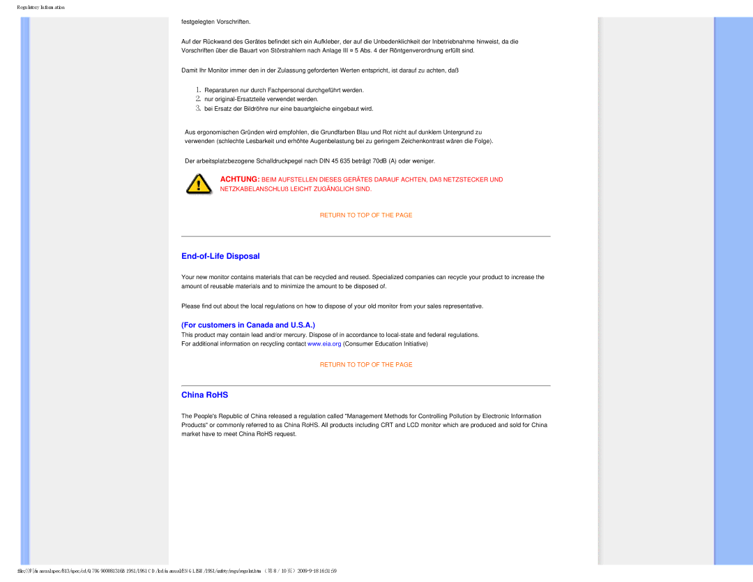 Philips 19SI user manual End-of-Life Disposal, China RoHS 