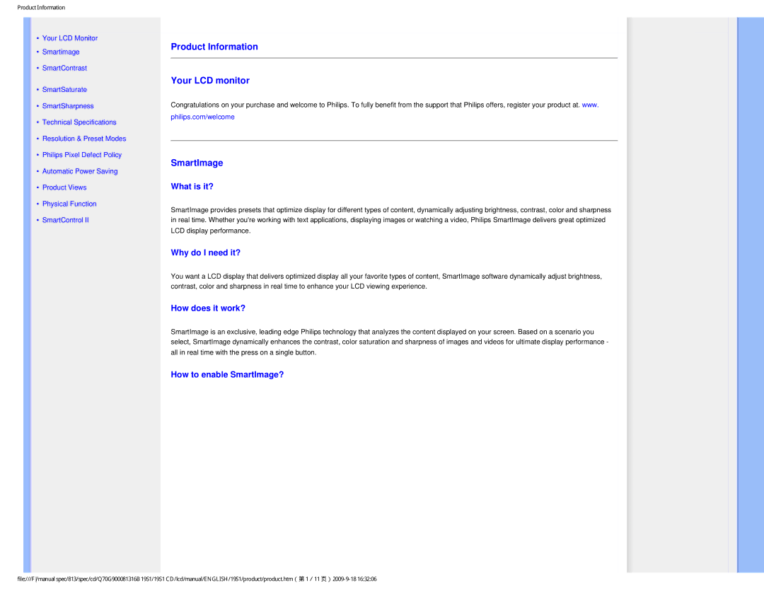 Philips 19SI user manual Product Information Your LCD monitor SmartImage, What is it? 