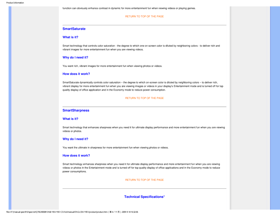 Philips 19SI user manual SmartSaturate, SmartSharpness, Technical Specifications 