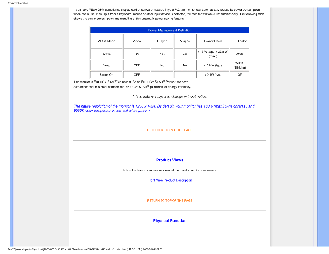 Philips 19SI user manual Product Views, Physical Function 