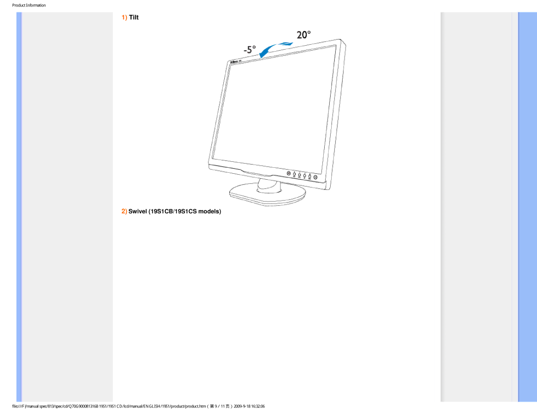 Philips 19SI user manual Tilt, Swivel 19S1CB/19S1CS models 