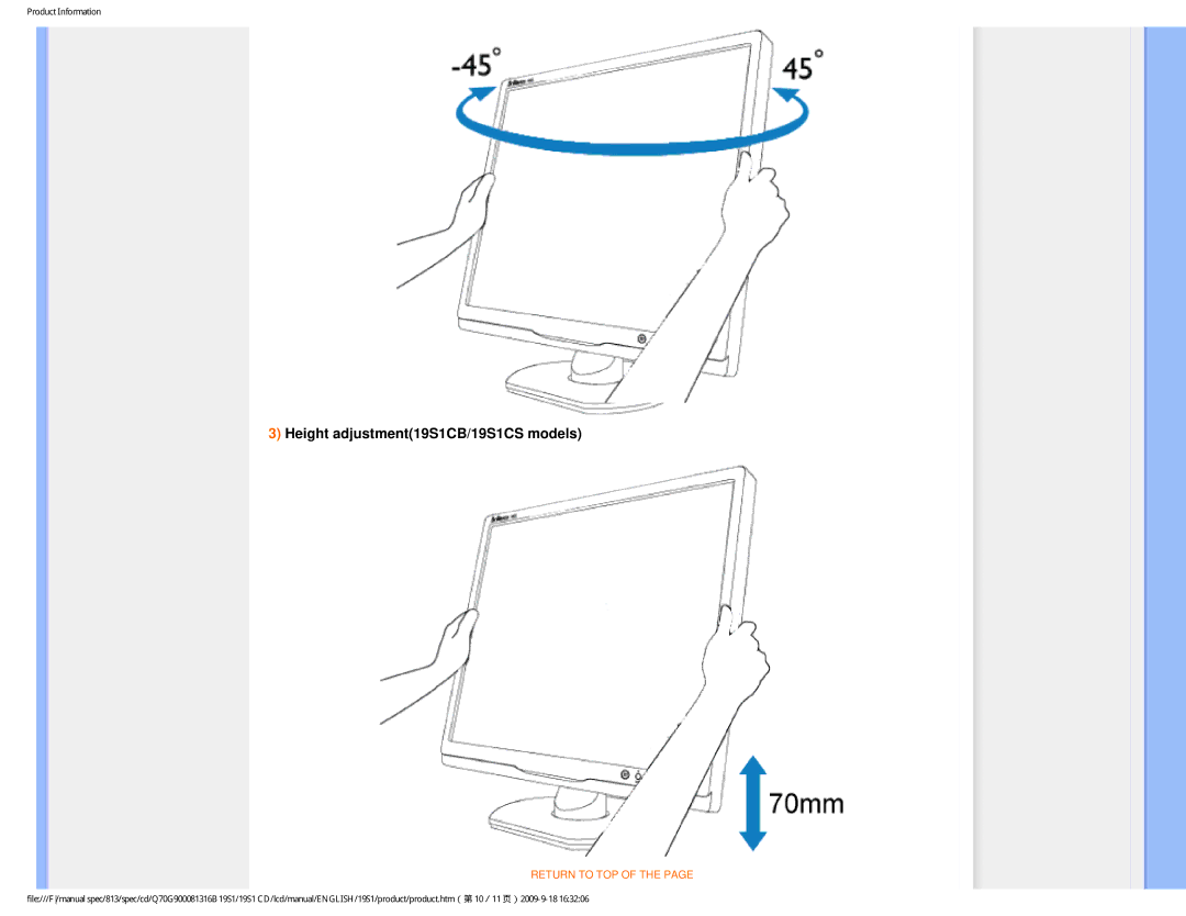 Philips 19SI user manual Height adjustment19S1CB/19S1CS models 