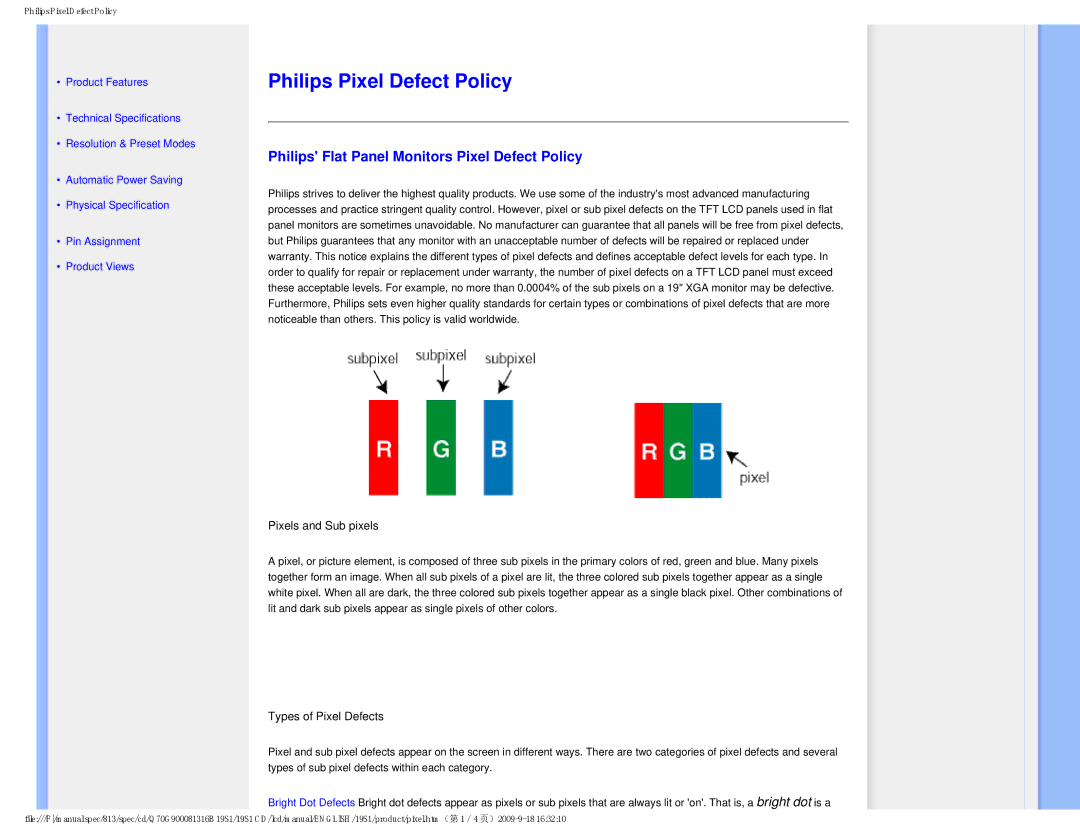 Philips 19SI user manual Philips Pixel Defect Policy, Philips Flat Panel Monitors Pixel Defect Policy 