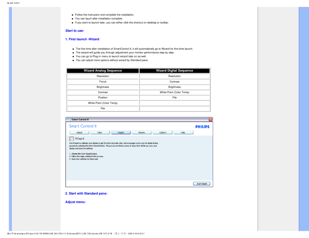 Philips 19SI user manual First launch -Wizard, Start with Standard pane Adjust menu 