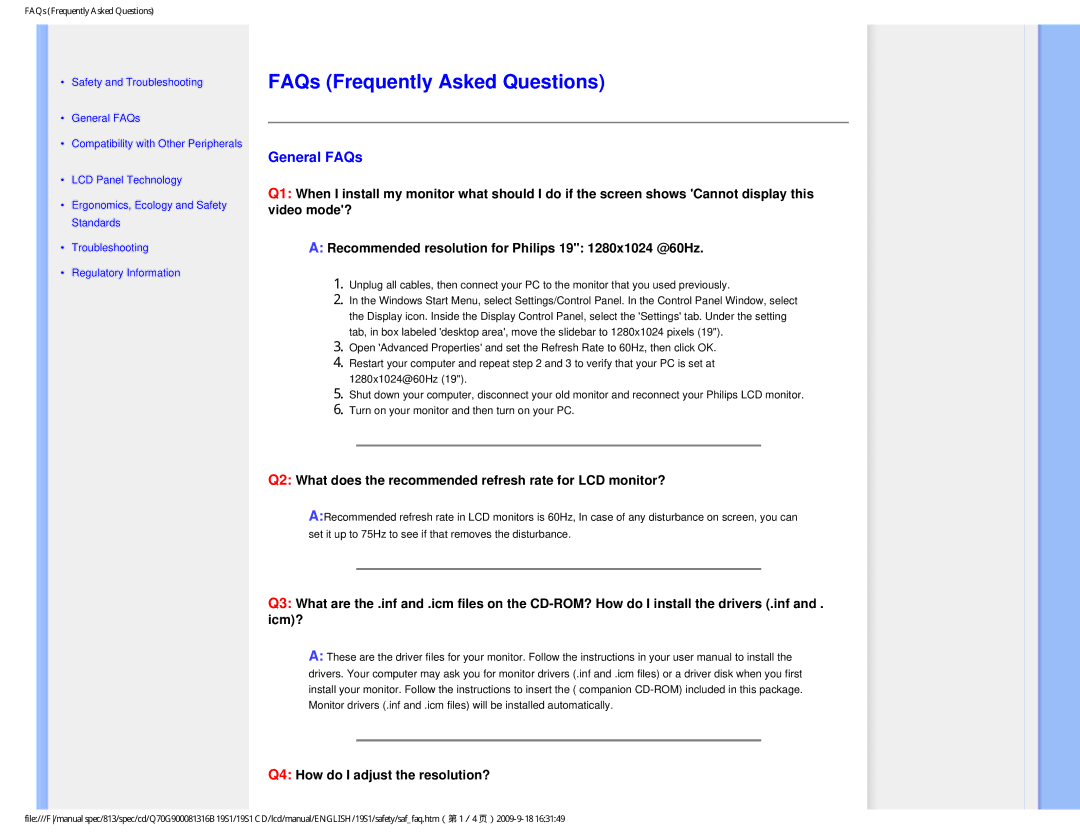 Philips 19SI FAQs Frequently Asked Questions, General FAQs, Q2 What does the recommended refresh rate for LCD monitor? 