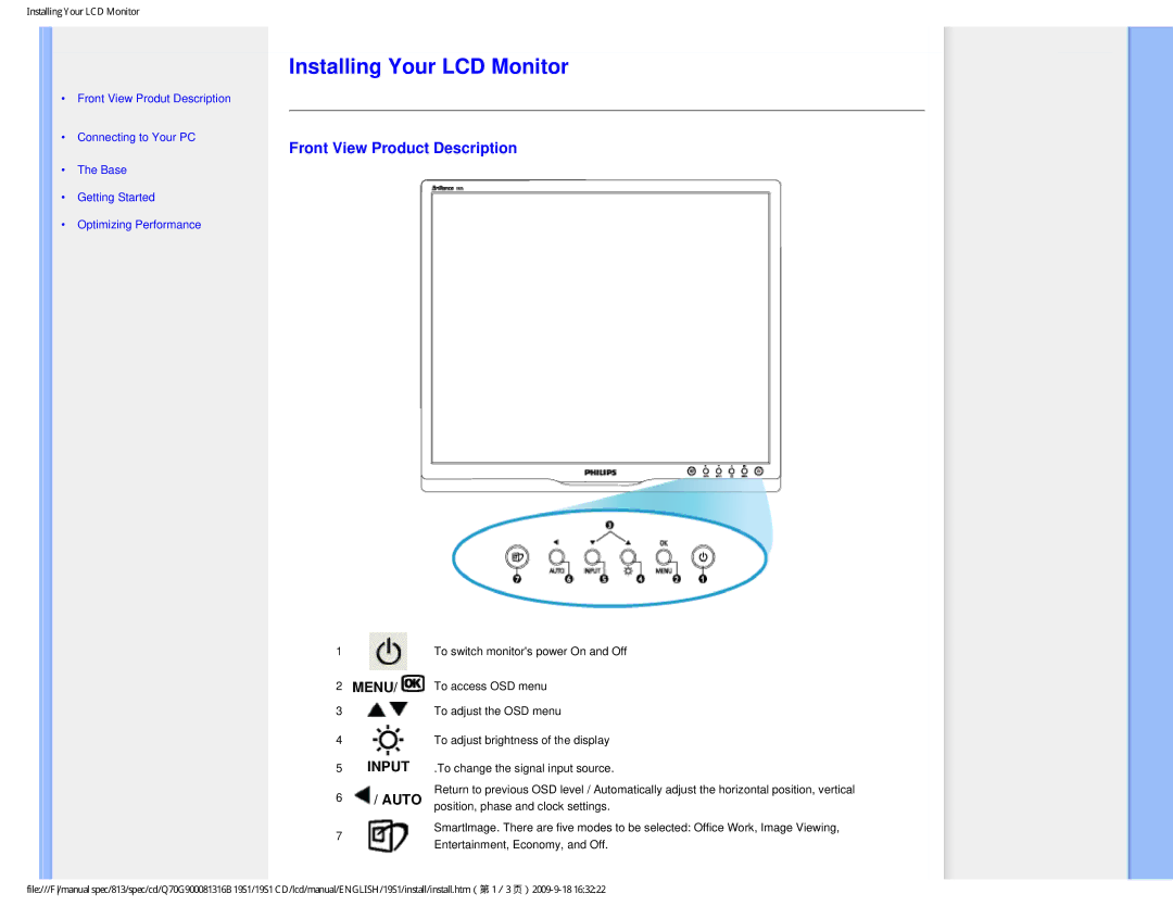 Philips 19SI user manual Installing Your LCD Monitor, Front View Product Description, Menu, Auto 