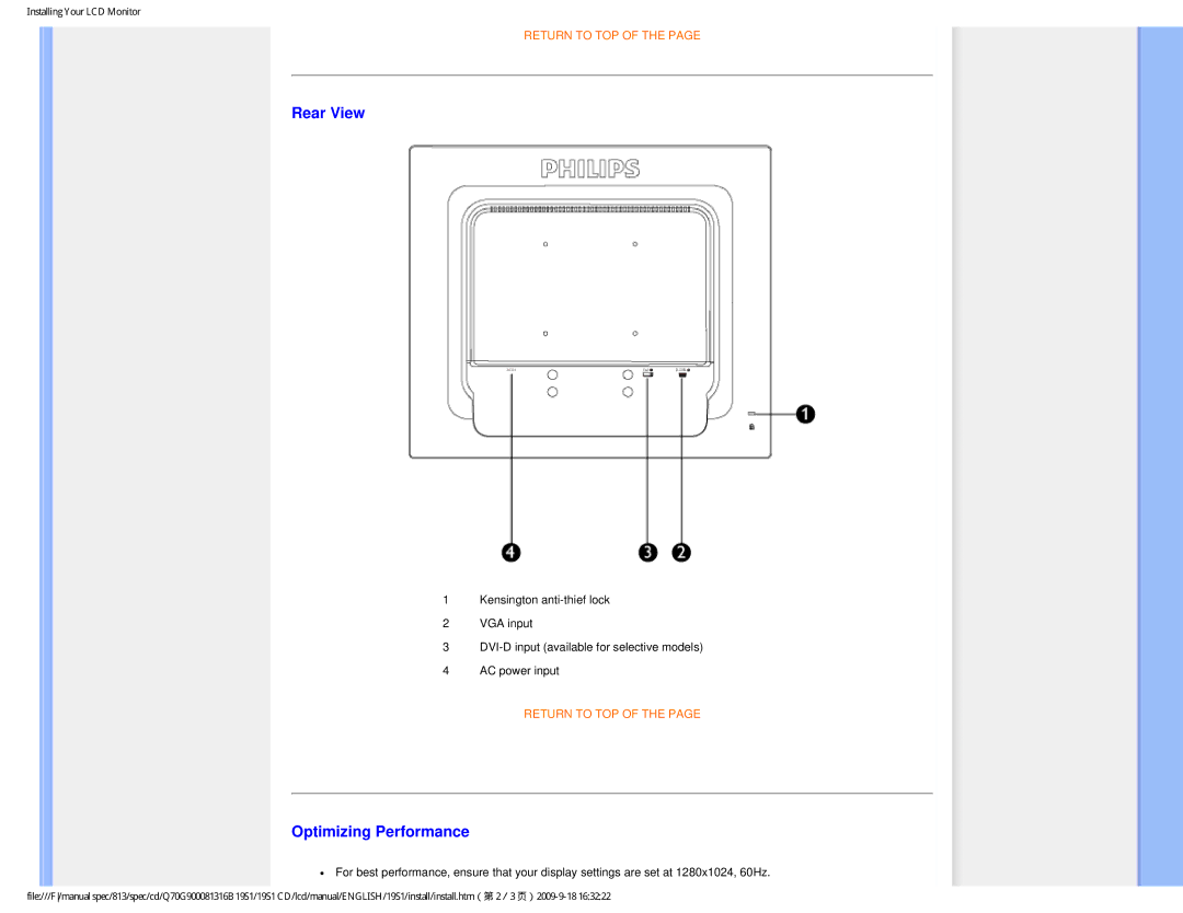 Philips 19SI user manual Rear View, Optimizing Performance 