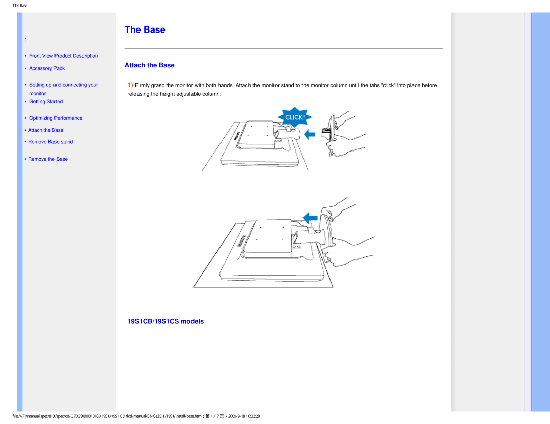 Philips 19SI user manual Attach the Base, 19S1CB/19S1CS models 