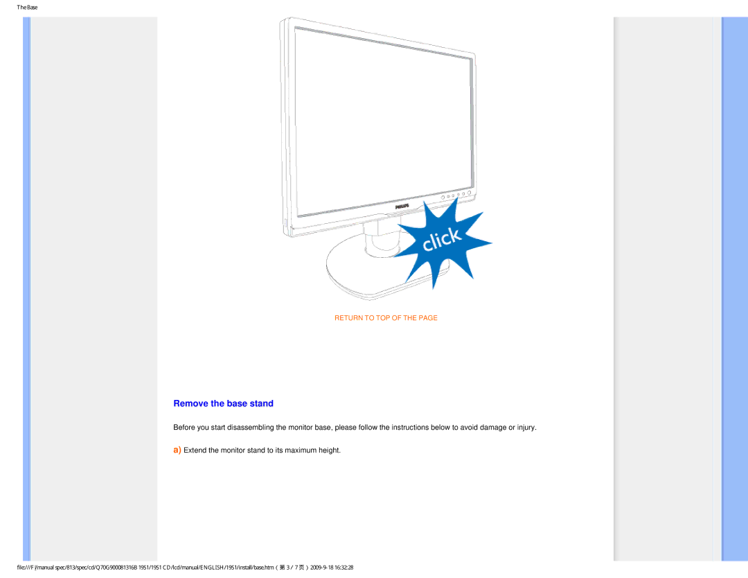 Philips 19SI user manual Remove the base stand 