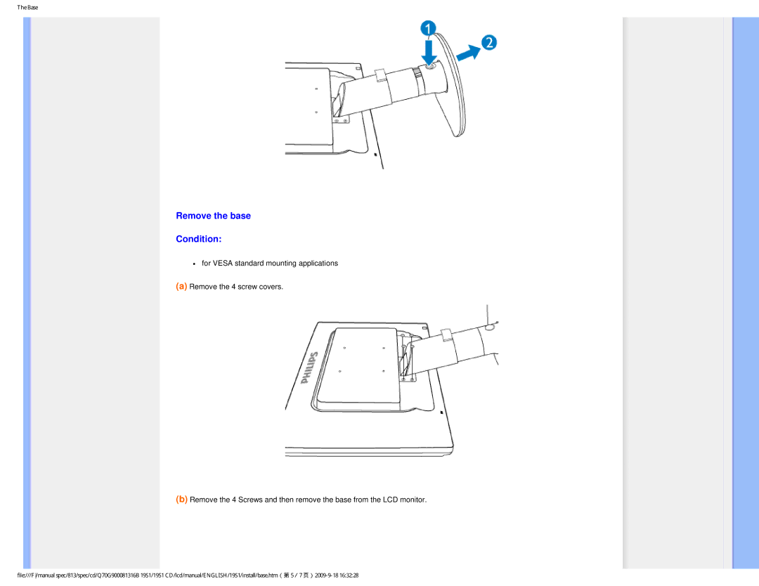 Philips 19SI user manual Remove the base Condition 