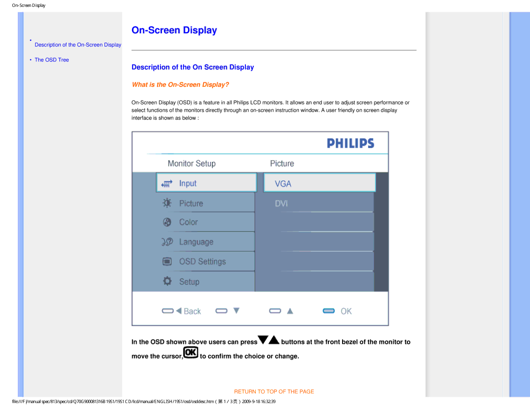 Philips 19SI user manual On-Screen Display, Description of the On Screen Display 