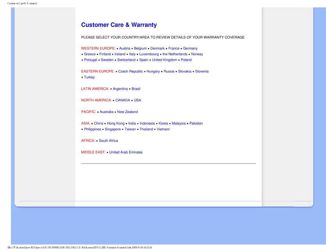 Philips 19SI user manual Customer Care & Warranty, North America Canada USA 