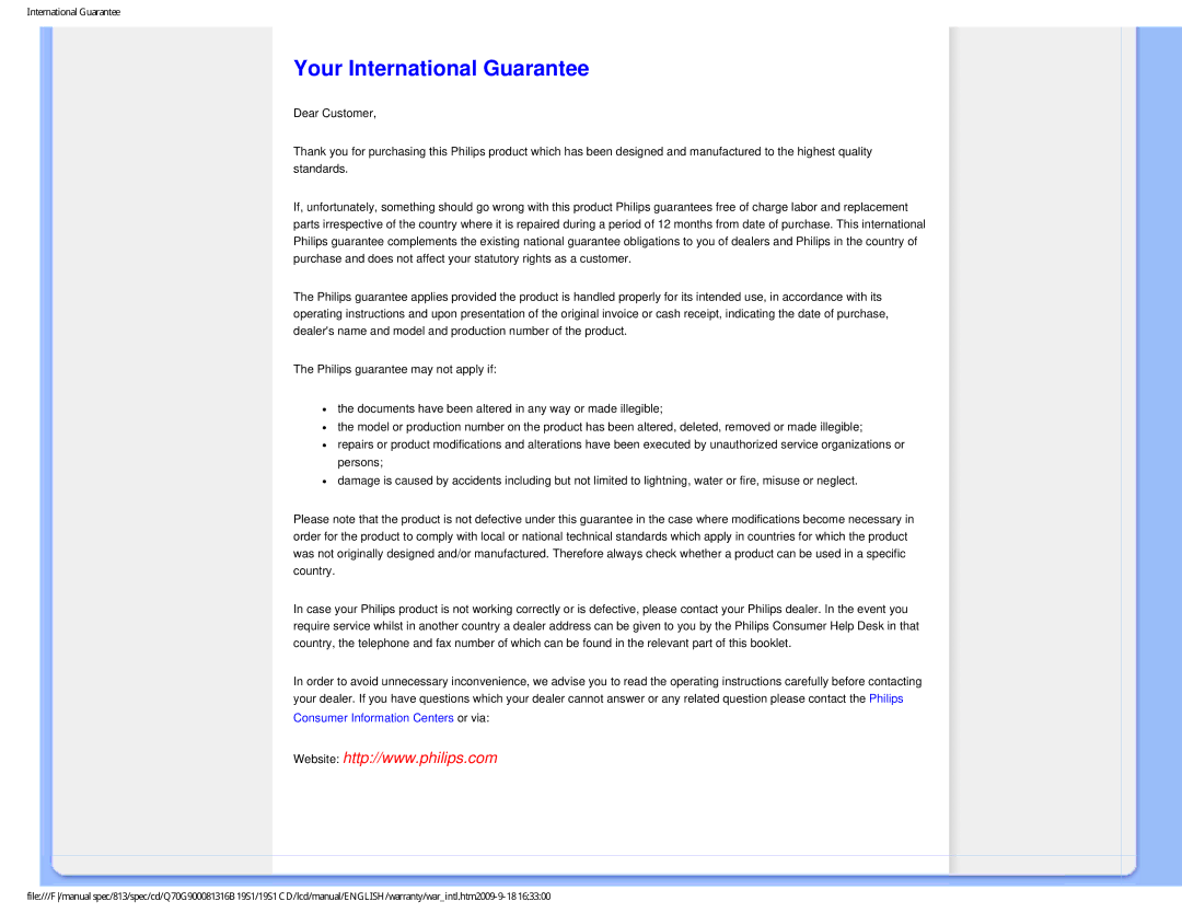 Philips 19SI user manual Your International Guarantee 