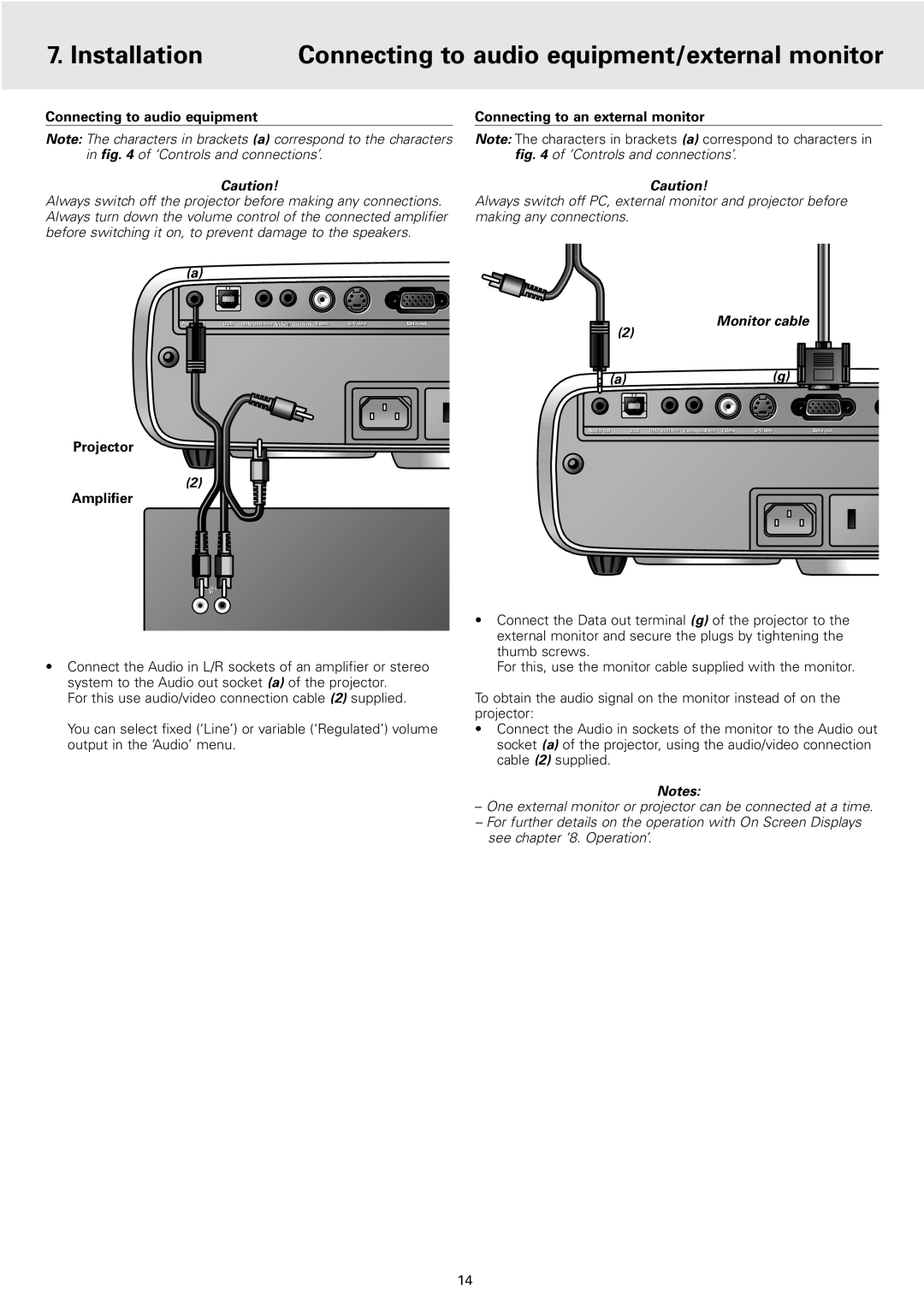 Philips 2 Series manual Connecting to audio equipment/external monitor, Installation, Amplifier, Monitor cable 