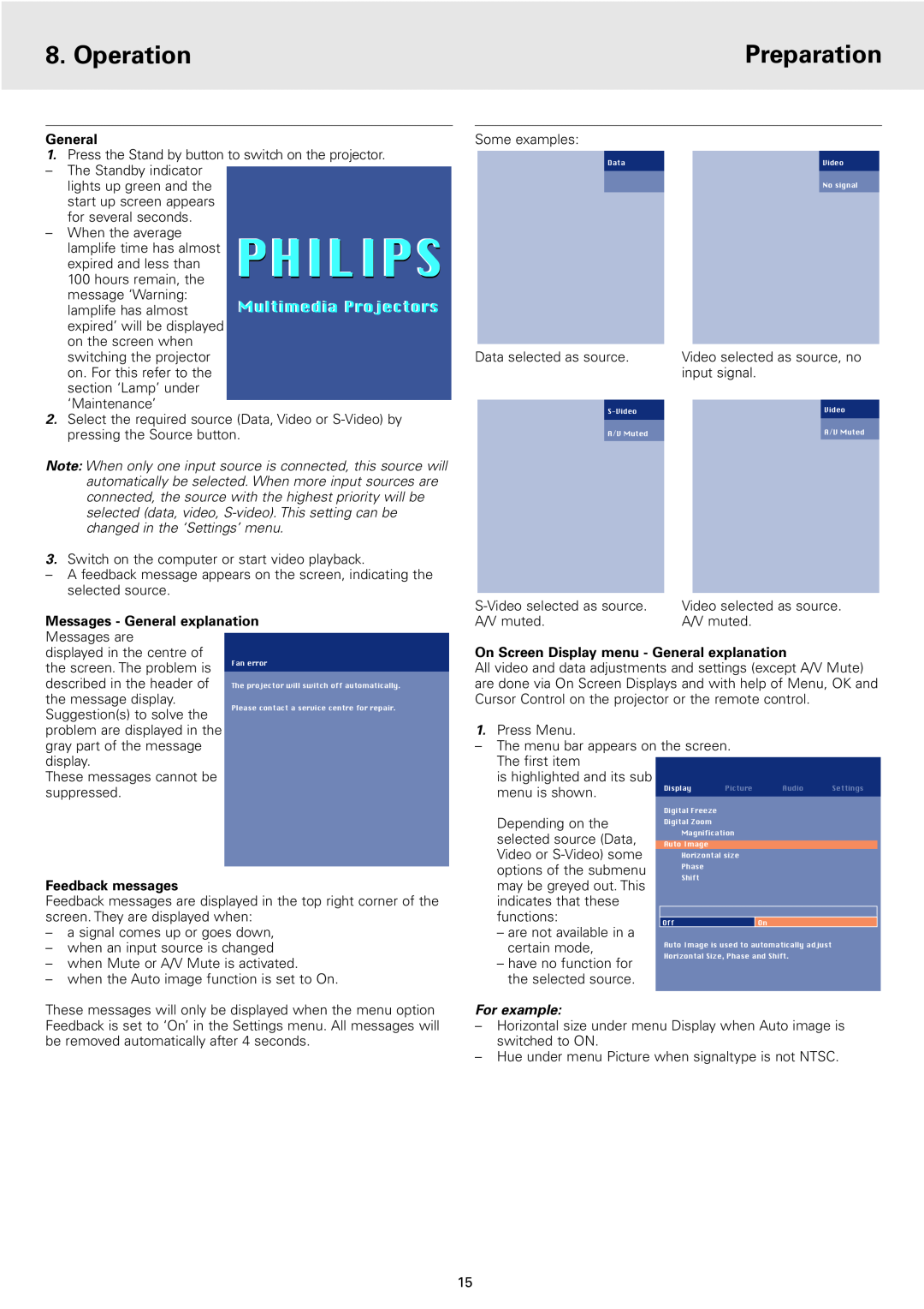 Philips 2 Series Operation, Preparation, Messages - General explanation, On Screen Display menu - General explanation 