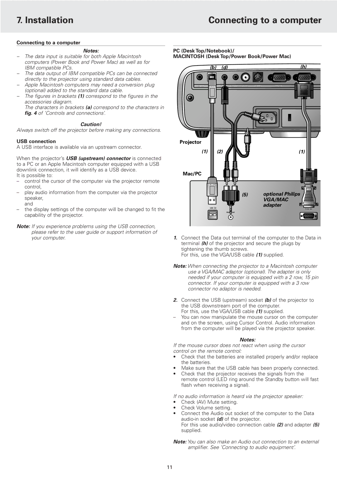 Philips 2 Series manual Installation Connecting to a computer, Vga/Mac 