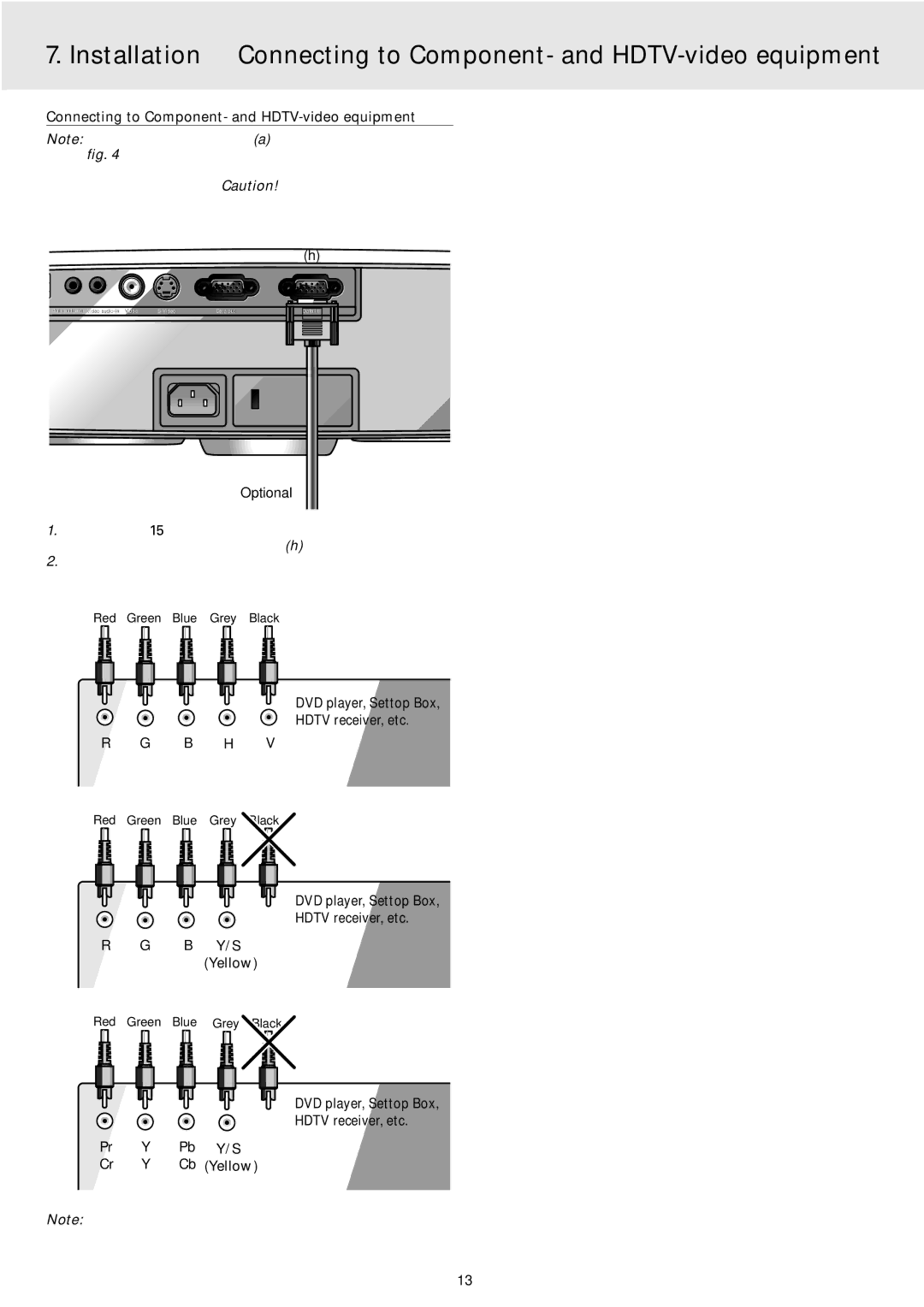 Philips 2 Series Connecting to Component- and HDTV-video equipment, Optional, DVD player, Settop Box Hdtv receiver, etc 