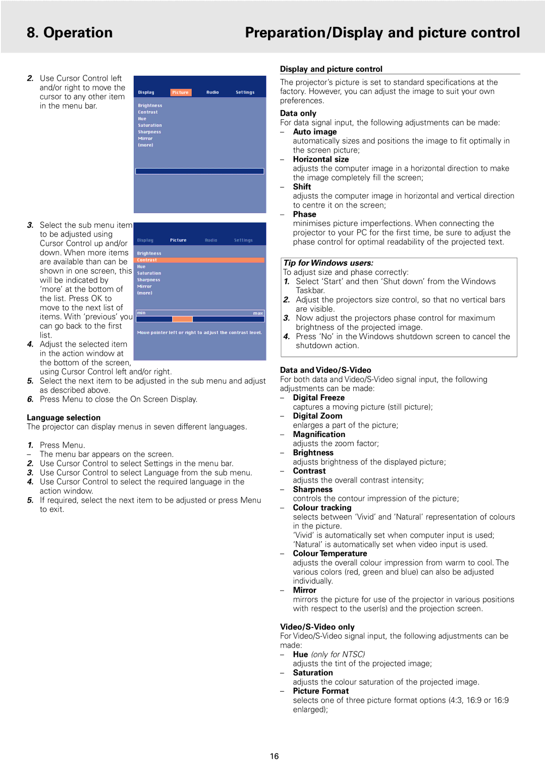 Philips 2 Series manual Operation Preparation/Display and picture control 