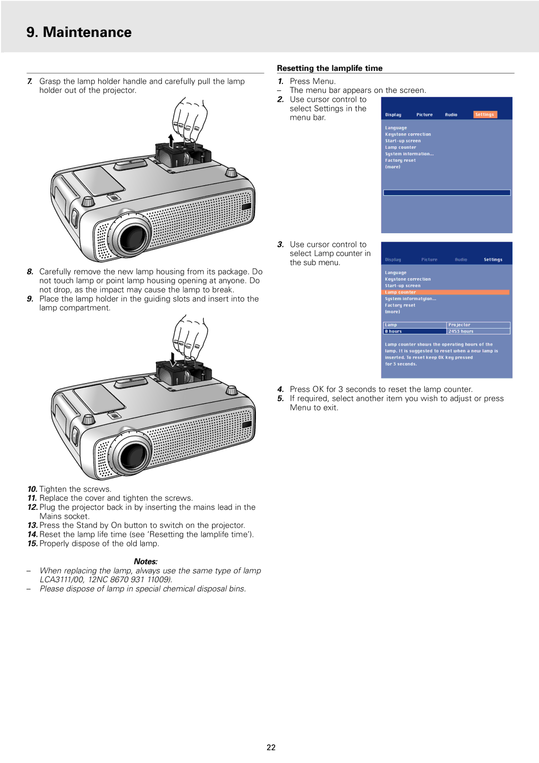 Philips 2 Series manual Resetting the lamplife time, Menu bar 