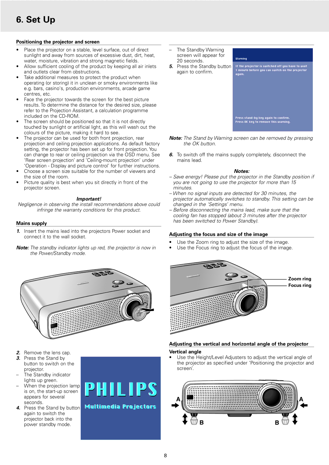 Philips 2 Series Set Up, Positioning the projector and screen, Mains supply, Adjusting the focus and size of the image 