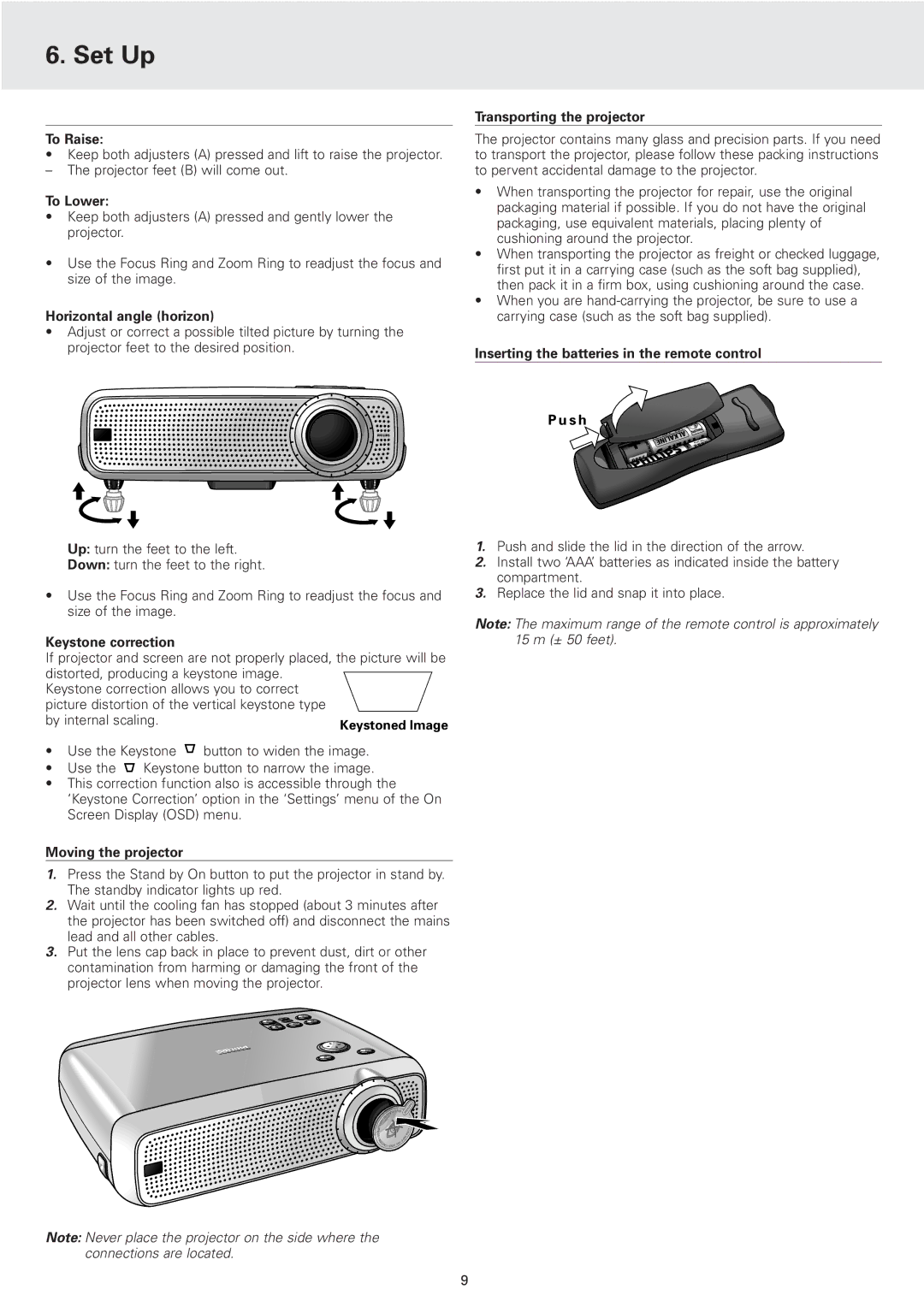 Philips 2 Series manual To Raise, To Lower, Horizontal angle horizon, Moving the projector, Transporting the projector 