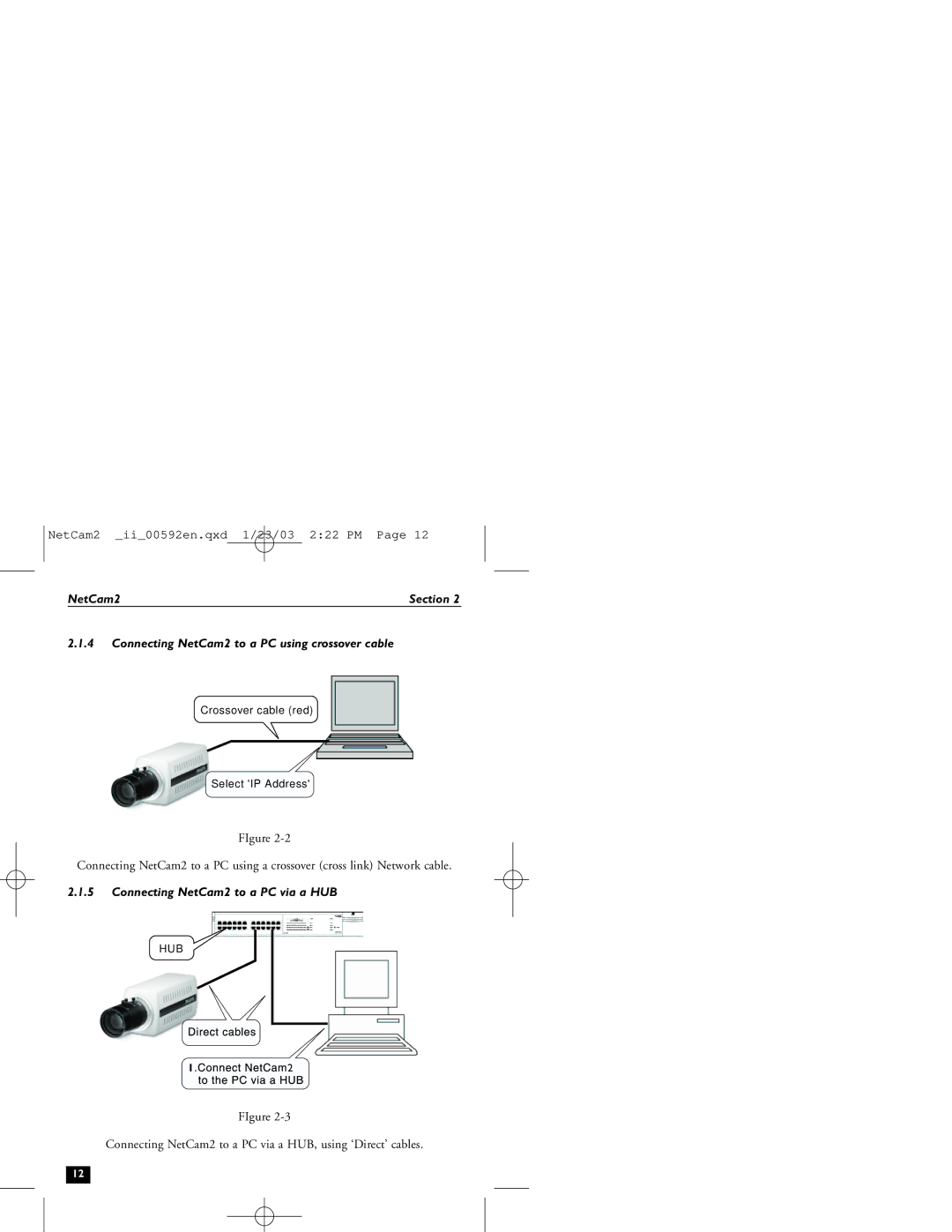 Philips installation instructions Connecting NetCam2 to a PC using crossover cable, Connecting NetCam2 to a PC via a HUB 