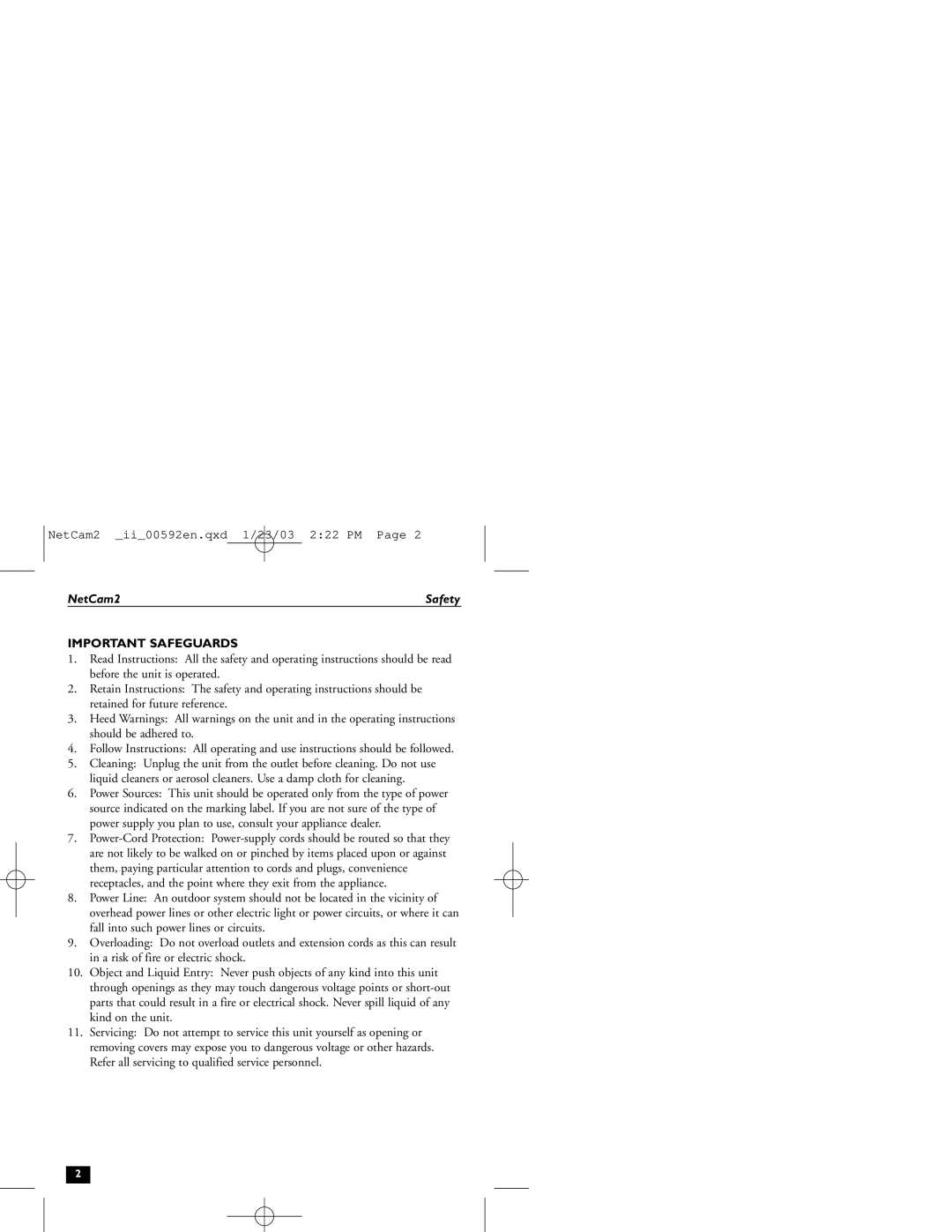 Philips installation instructions NetCam2, Important Safeguards 