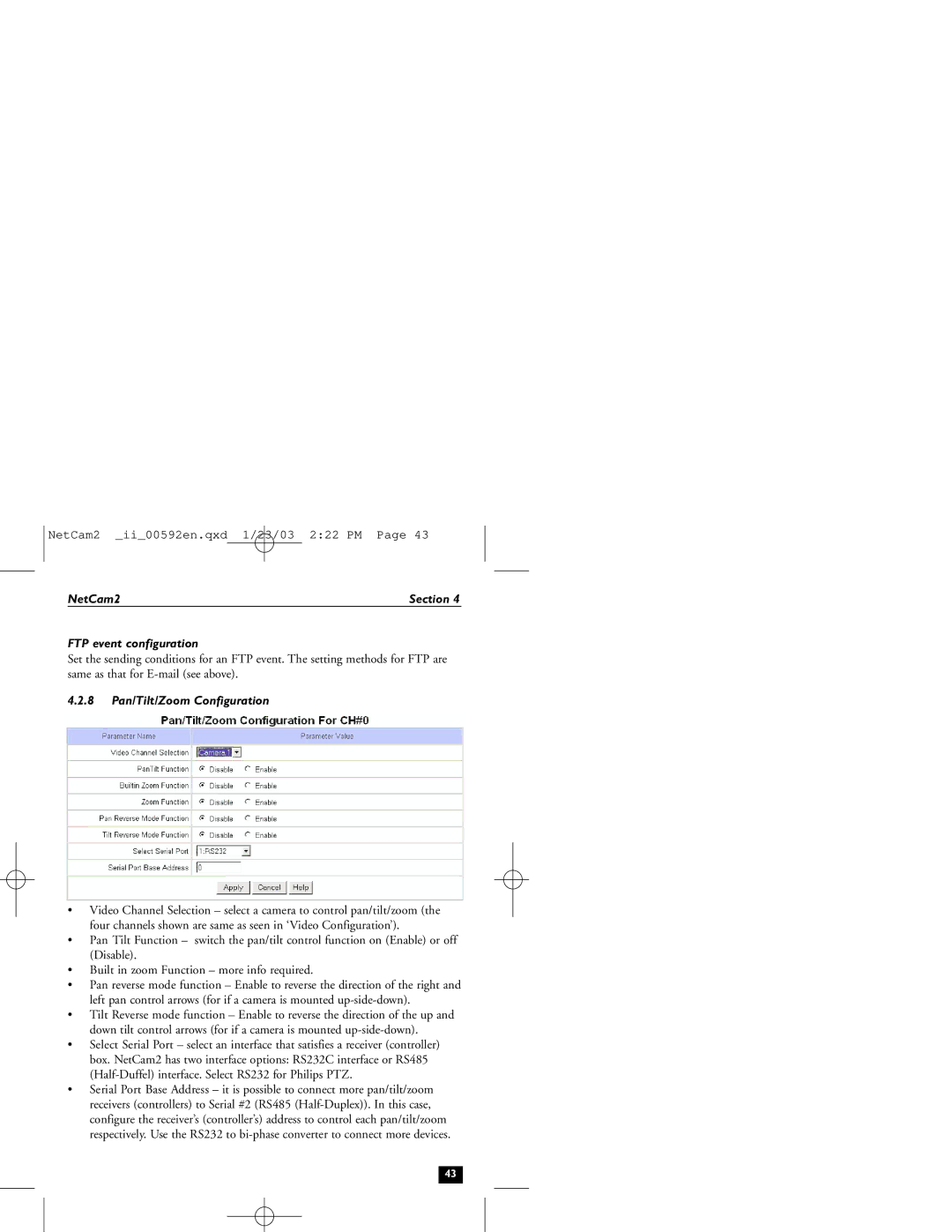 Philips 2 installation instructions FTP event configuration, 8 Pan/Tilt/Zoom Configuration 