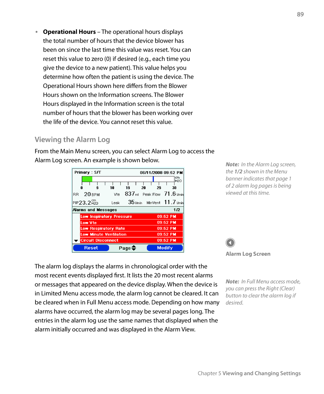 Philips Trilogy 200 manual Viewing the Alarm Log, Alarm Log Screen 