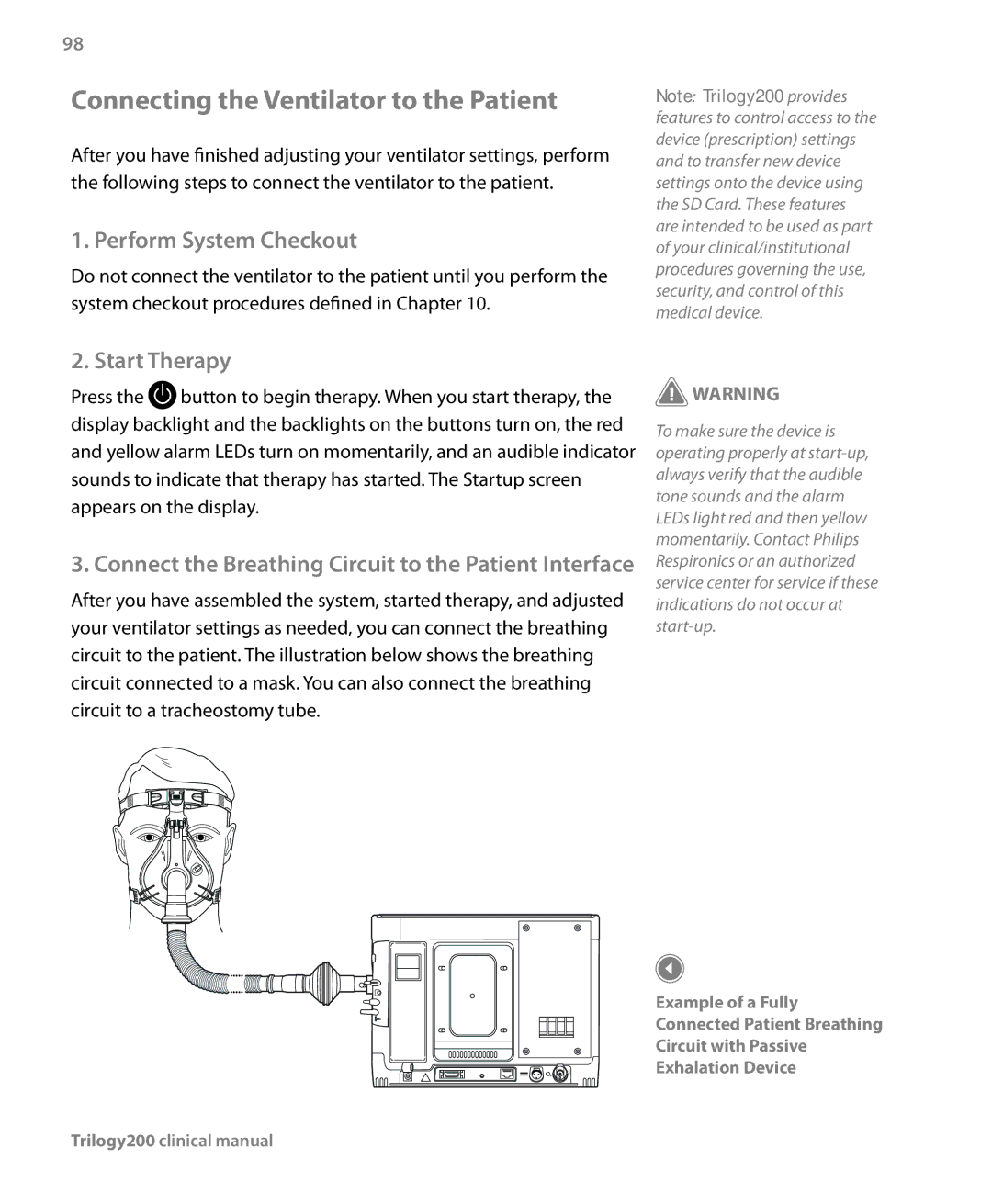 Philips Trilogy 200 manual Connecting the Ventilator to the Patient, Perform System Checkout, Start Therapy 