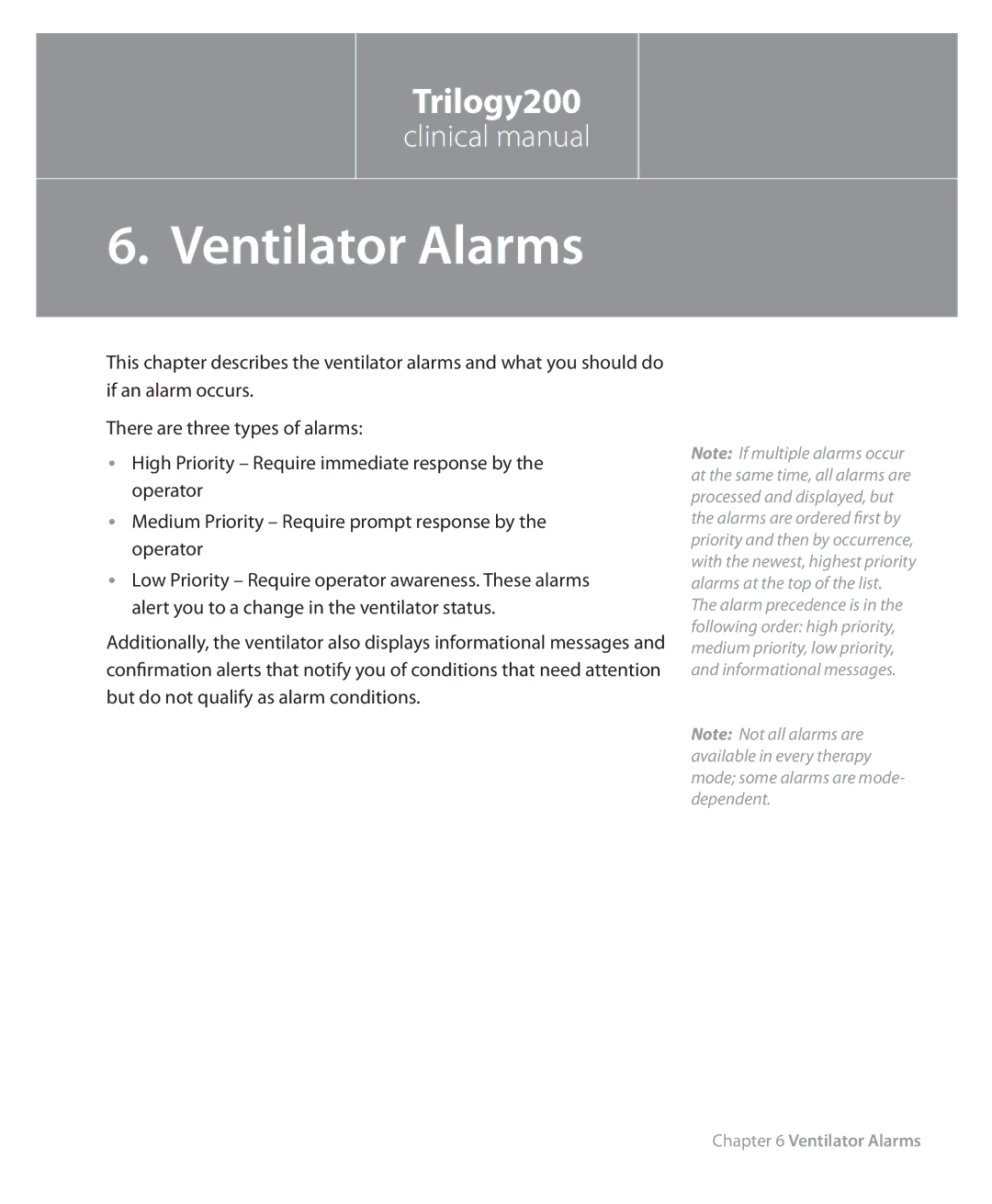 Philips Trilogy 200 manual Ventilator Alarms 