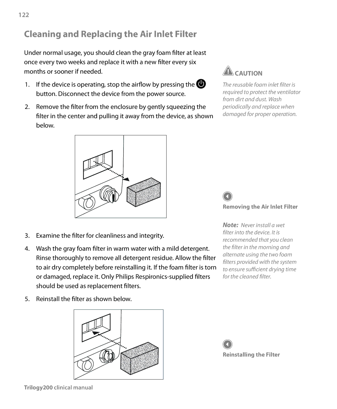 Philips Trilogy 200 manual Cleaning and Replacing the Air Inlet Filter, 122 