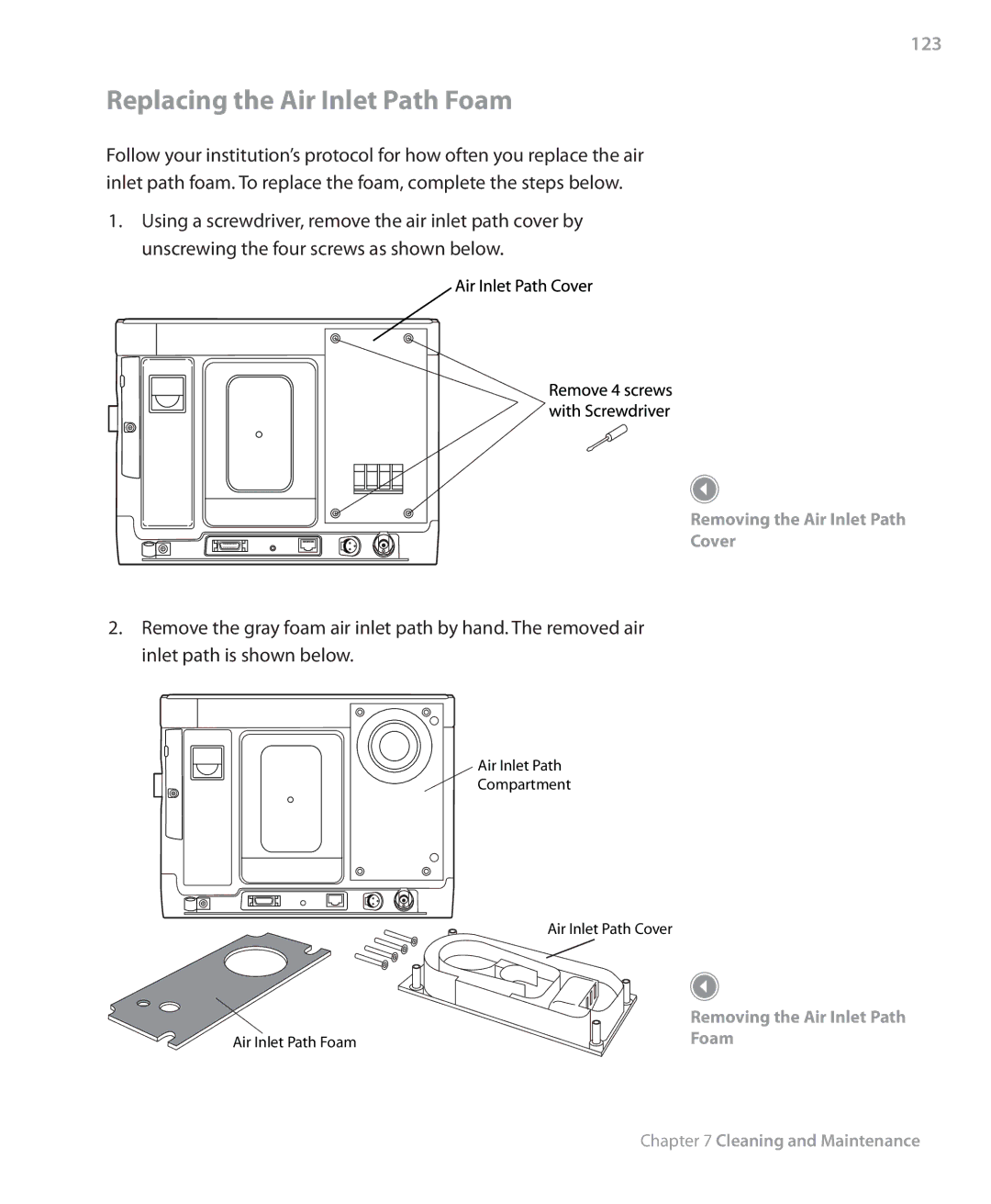 Philips Trilogy 200 manual Replacing the Air Inlet Path Foam, 123 