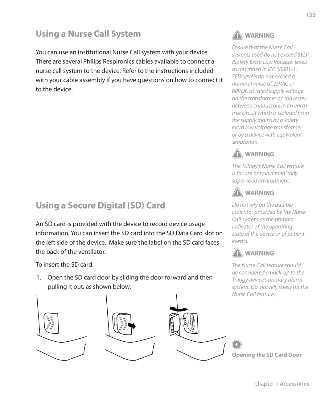 Philips Trilogy 200 manual Using a Nurse Call System, Using a Secure Digital SD Card, 135 