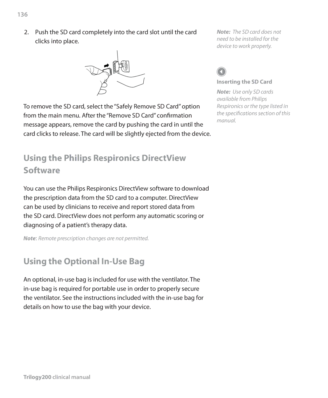 Philips Trilogy 200 manual Using the Philips Respironics DirectView Software, Using the Optional In-Use Bag, 136 